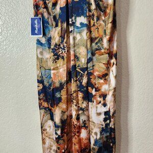 Nicole Miller Artsy Floral Print Maxi dress Satin VNeck Halter Blue Beige SZ XS